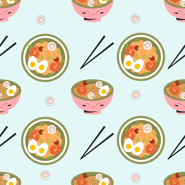 Patrón sin fisuras con sopa de ramen de comida japonesa