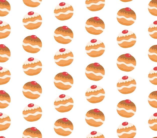 Patrón sin fisuras de Sufganiyot. Textura transparente de donut judío. Postre tradicional judío en la fiesta de fondo de Hanukkah. Patrón de rosquilla judía. Ilustración vectorial