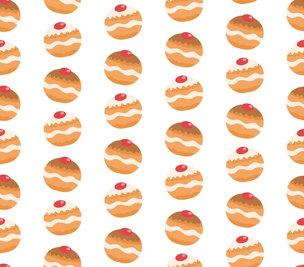 Vector patrón sin fisuras de sufganiyot. textura transparente de donut judío. postre tradicional judío en la fiesta de fondo de hanukkah. patrón de rosquilla judía. ilustración vectorial