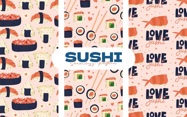 Patrón sin fisuras de sushi. Colección de fondo de comida japonesa