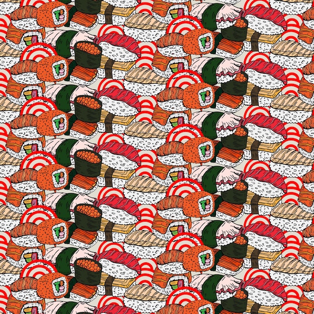 Patrón sin fisuras de sushi. ilustración colorida con diferentes tipos de sushi y rollos. motivo asiático.
