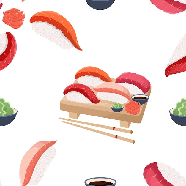 Patrón sin fisuras de sushi nigiri. Comida japonesa vectorial plana.