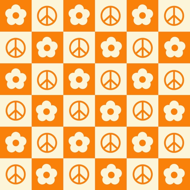 Patrón sin fisuras de tablero de ajedrez con flores de forma geométrica y símbolos de paz