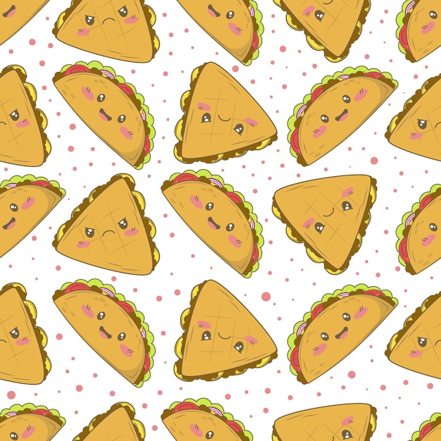 Patrón sin fisuras con tacos mexicanos y quesadillas con caras graciosas en estilo de dibujos animados de garabatos aislado sobre fondo blanco.