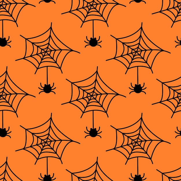 Patrón sin fisuras con telaraña y araña aislado sobre fondo naranja ilustración plana vectorial