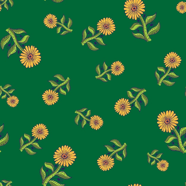 Patrón sin fisuras de la temporada de verano con elementos de girasol contorneados naranja al azar. fondo verde. diseño gráfico para envolver texturas de papel y tela. ilustración de vector.