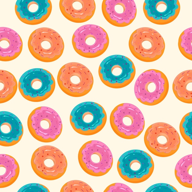 Patrón sin fisuras de tres donuts de colores sobre fondo beige