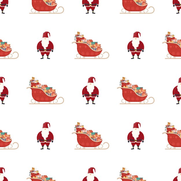 Patrón sin fisuras con trineos rojos y santa claus. Patrón festivo. Adecuado para postales, fondos, libros y carteles. Ilustración vectorial.
