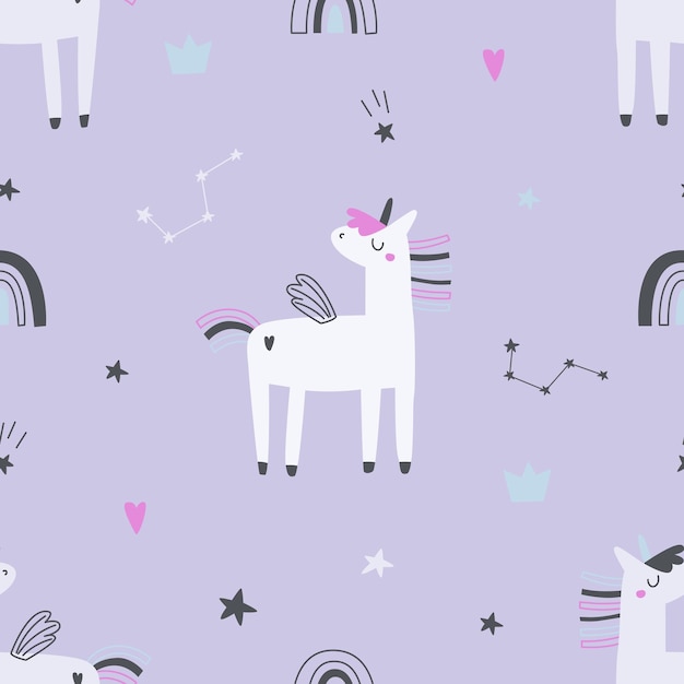 Patrón sin fisuras con unicornios, corazones y estrellas sobre un fondo de color. ilustración vectorial