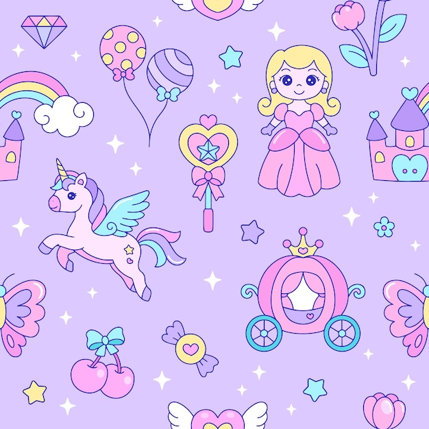 Patrón sin fisuras con unicornios y diseño de fondo de papel tapiz de princesa