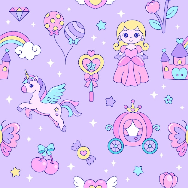 Vector patrón sin fisuras con unicornios y diseño de fondo de papel tapiz de princesa