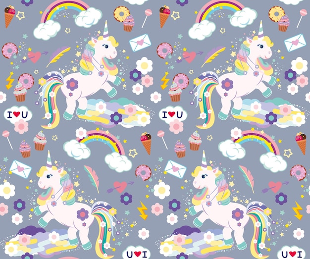 Patrón sin fisuras con unicornios y flores.