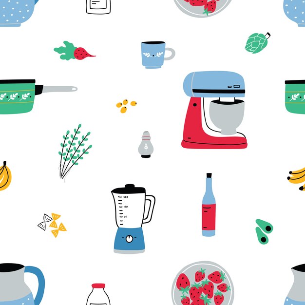 Patrón sin fisuras con utensilios de cocina hechos a mano, herramientas manuales y eléctricas para cocinar en casa.