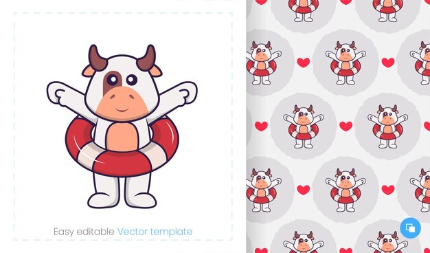 Patrón sin fisuras con vaca de dibujos animados sobre fondo blanco.