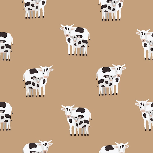 Patrón sin fisuras con vaca y ternero recubiertos de parches blancos y negros. Telón de fondo con animales de dibujos animados sobre fondo marrón. Ilustración colorida para impresión textil, papel tapiz, papel de regalo.