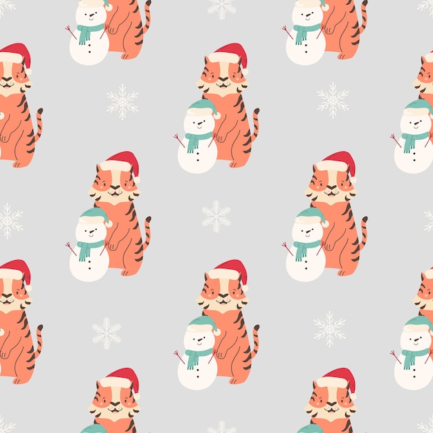 Patrón sin fisuras de vacaciones con divertidos tigres haciendo muñeco de nieve. Diseño vectorial para impresiones, fondos de pantalla, cajas gidt.