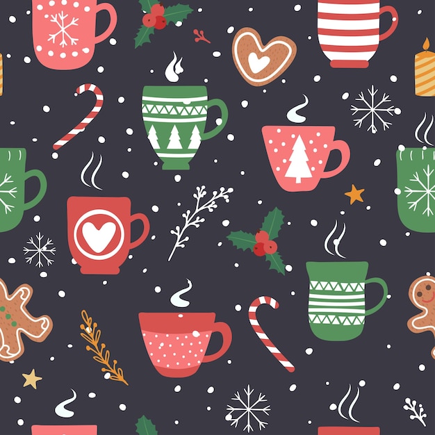 Patrón sin fisuras para las vacaciones de Navidad con taza de chocolate cacao.
