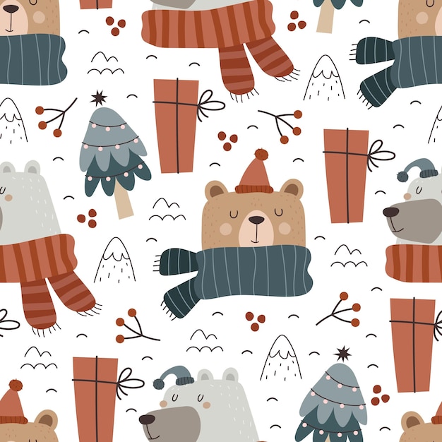 Patrón sin fisuras de vacaciones con oso de dibujos animados, árboles de Navidad