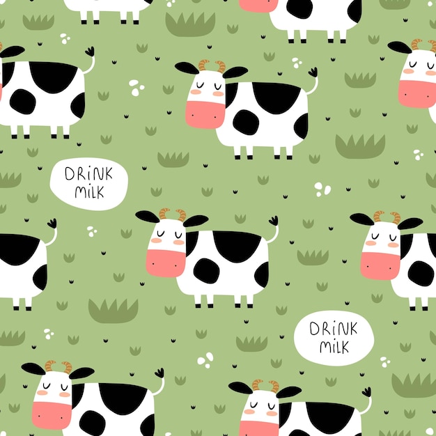 Patrón sin fisuras con vacas de dibujos animados, elementos de decoración
