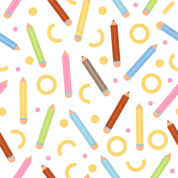Vector patrón sin fisuras con varios lápices de colores y elementos abstractos de regreso a la ilustración de la escuela