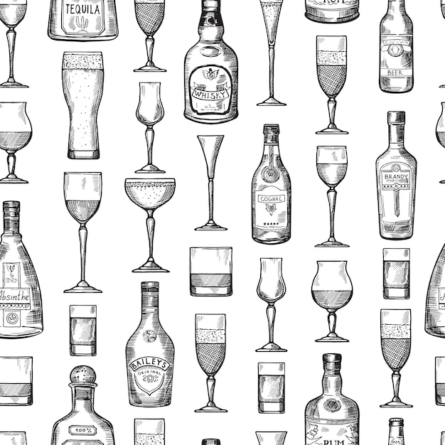 Patrón sin fisuras con vasos de alcohol. Ilustración vectorial dibujado a mano estilo