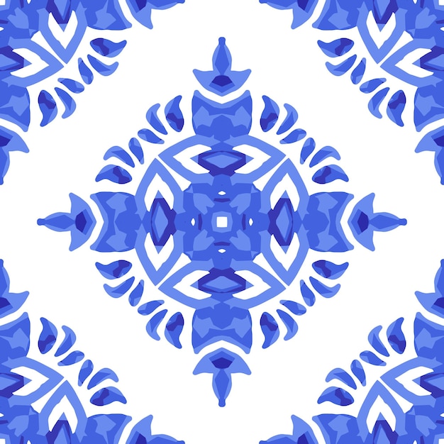 Patrón sin fisuras de vector de fondo islámico de azulejo mediterráneo inconsútil magnífico. Diseño cerámico mosaico decorativo. Diseño de azulejo de pared geométrico azul y blanco mediterráneo