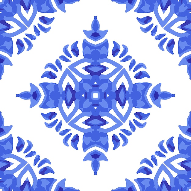 Patrón sin fisuras de vector de fondo islámico de azulejo mediterráneo inconsútil magnífico. Diseño cerámico mosaico decorativo. Diseño de azulejo de pared geométrico azul y blanco mediterráneo