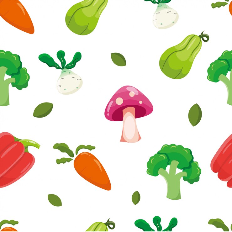 Patrón sin fisuras con vegetales, zanahoria, champiñones, frasco, orión, pimentón y brócoli. Fondo vegetal