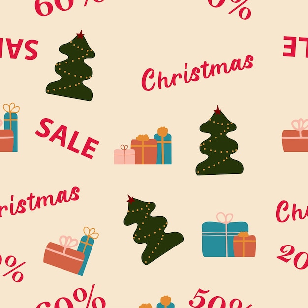 Patrón sin fisuras con venta de Navidad Árbol de Navidad dibujado a mano y regalos en estilo plano