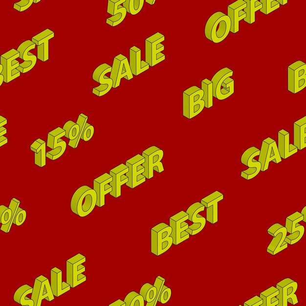 Patrón sin fisuras en ventas y descuentos con inscripciones isométricas, amarillo sobre fondo rojo.
