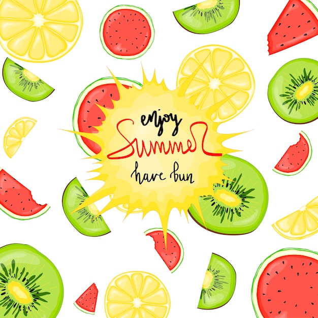 Patrón sin fisuras de verano con frutas sobre fondo blanco. Estilo de dibujos animados. Vector.