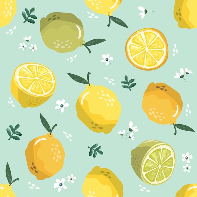 Patrón sin fisuras de verano con limones y flores.