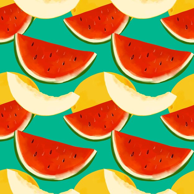 Patrón sin fisuras de verano con rodajas de sandía y melón sobre un fondo azul.