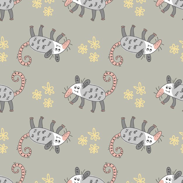 Patrón sin fisuras de verano con zarigüeyas y flores de margarita Impresión perfecta para tee textil y tela Doodle vector ilustración para decoración y diseño