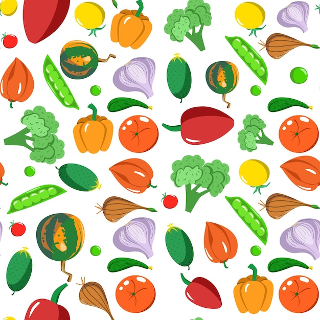 Patrón sin fisuras con verduras en un estilo de dibujos animados. Textura de vector. Iconos planos pimienta, calabaza, guisantes, ajo y tomate. Comida sana vegetariana. Vegano, Granja, Orgánico, Fondo natural