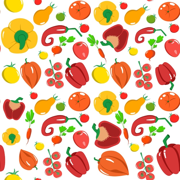 Patrón sin fisuras con verduras en un estilo de dibujos animados. Textura de vector. Iconos planos pimienta, rábano, tomate. Comida sana vegetariana. Vegano, Granja, Orgánico, Fondo natural