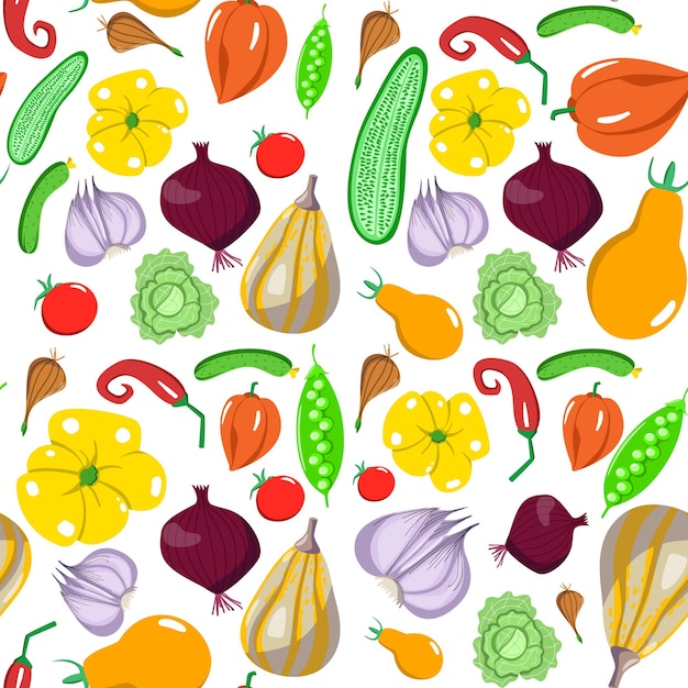 Patrón sin fisuras con verduras en un estilo de dibujos animados. Textura de vector. Iconos planos pimienta, repollo, pepino, guisante, tomate. Comida sana vegetariana. Vegano, Granja, Orgánico, Fondo natural