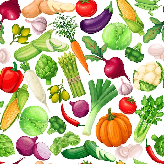 Patrón sin fisuras de verduras, ilustración vectorial. Fondo con alcachofa, puerro, maíz, ajo, pepino, pimiento, cebolla, apio, espárragos, repollo y ets.