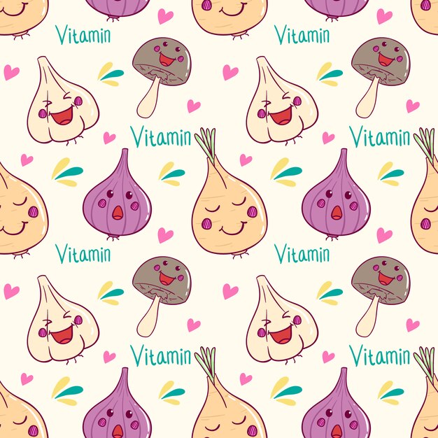 Patrón sin fisuras de verduras kawaii con estilo doodle