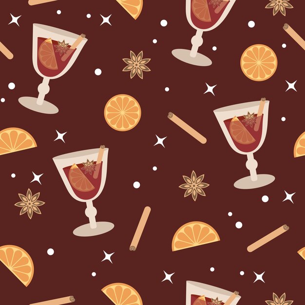 Patrón sin fisuras de vino caliente de invierno con vino tinto caliente y especias en Borgoña