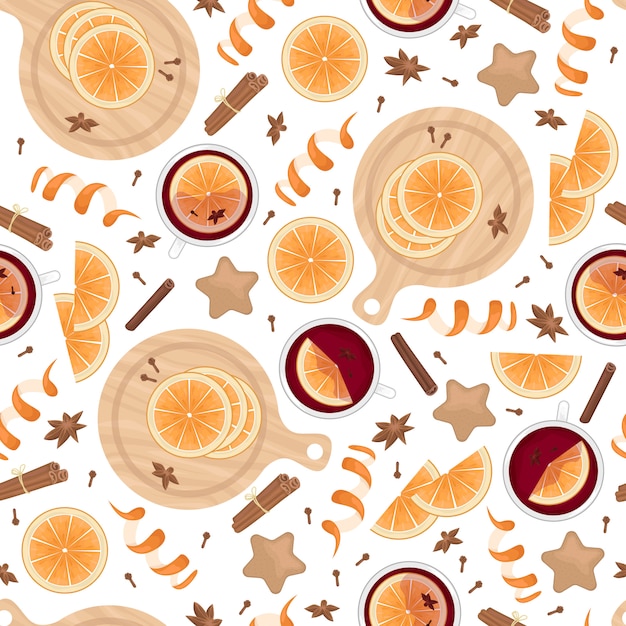 Patrón sin fisuras con vino caliente, rodajas de naranja, canela, clavo y cardamomo. Plano pone fondo de Navidad.