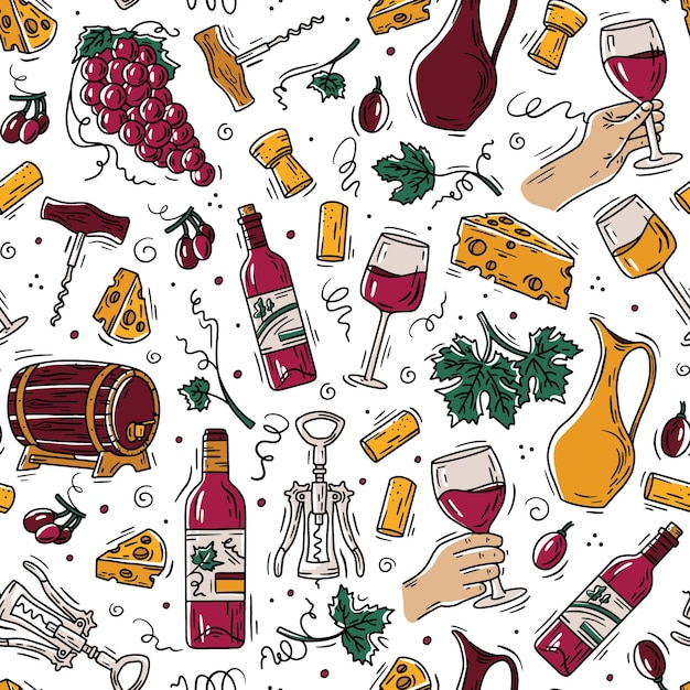 Patrón sin fisuras de vino y queso en estilo doodle con uvas y botellas