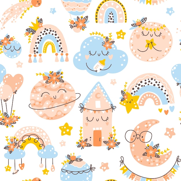 Patrón sin fisuras de vivero con arco iris planetas nubes Vector fondo con lindo baby shower