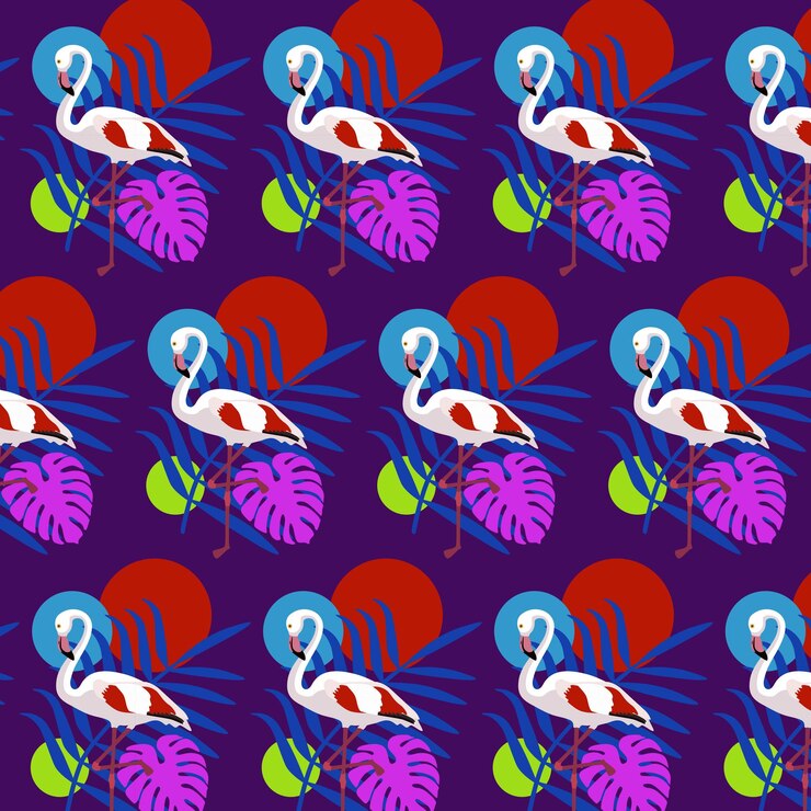 Vector patrón con flamencos hojas de palma monstera círculos multicolores tema tropical
