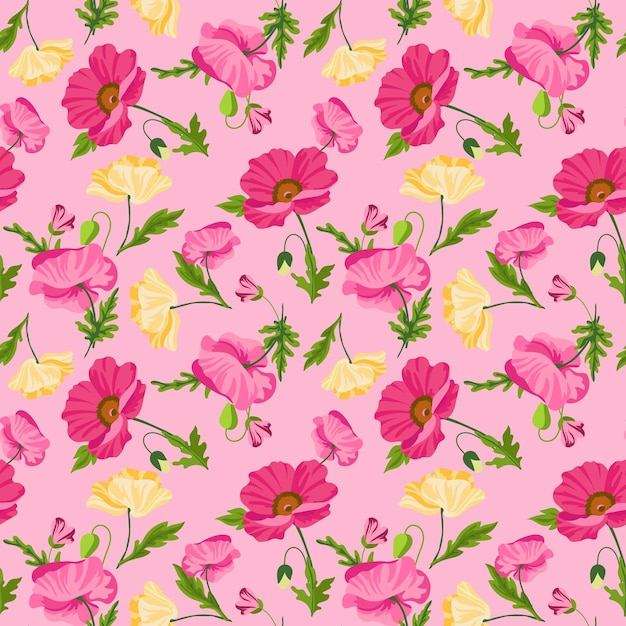 Patrón de flor de amapola sin costuras con flores de colores dibujadas a mano sobre fondo rosa