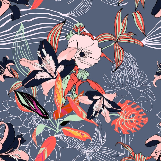 Patrón de flor artística inconsútil de moda original hermoso trop