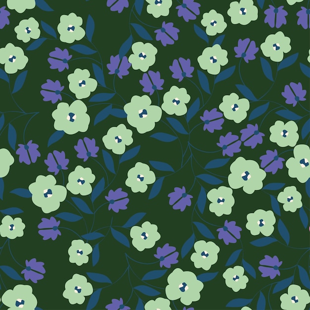 un patrón de flor azul con hojas verdes y flores azules