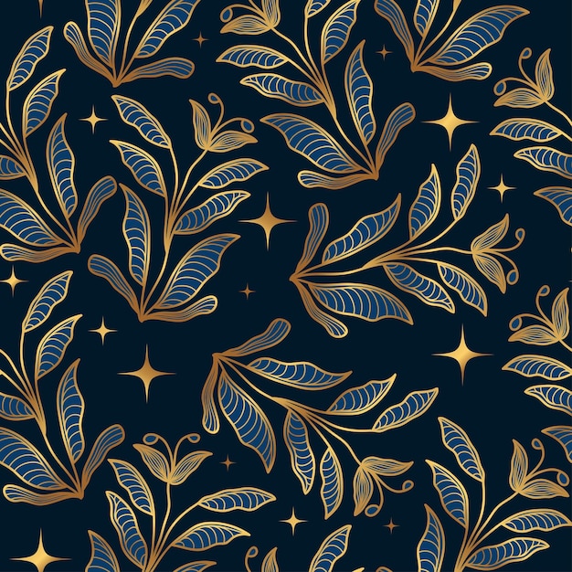 Patrón de flor azul y oro de lujo Patrón floral transparente dibujado a mano para papel tapiz de moda Papel de regalo Tela Textil Prendas de vestir y diseño de tarjetas