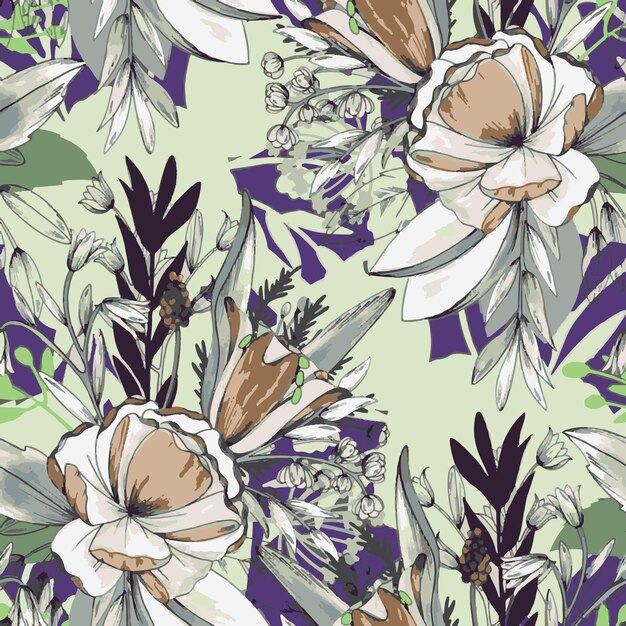 Patrón de flor floral de primavera ilustración de flor de tela vectorial diseño textil hojas de hoja