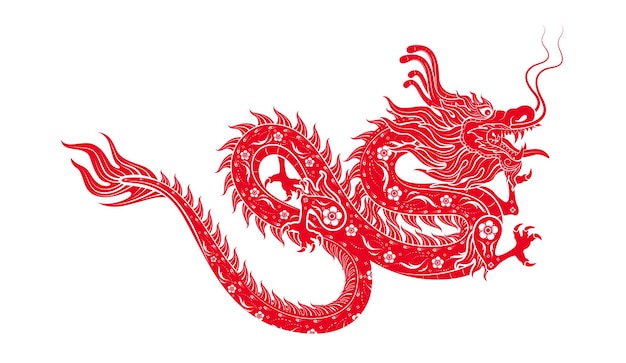 Vector patrón de flor roja del dragón chino aislado en fondo blanco para el diseño de tarjetas medios impresos china calendario lunar animal feliz año nuevo